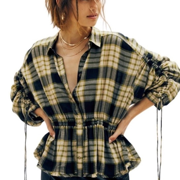 We the Free FP Green Black Plaid Button Down Top Cinch Accents Size Small - Picture 1 of 6